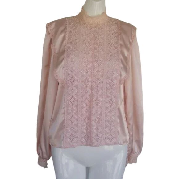 Vintage ILLUSTRATIONS Blouse, S, Lace Front, Statement shoulder, Long sleeve 80s - Picture 9 of 12